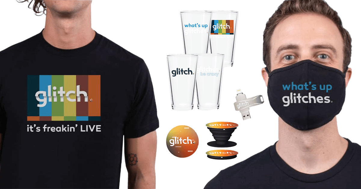 Glitch Swag: Shirts, masks, glasses, pop sockets, flash drives